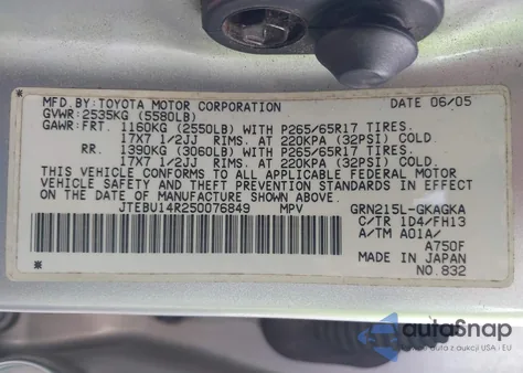 2005 Toyota 4Runner Sr5 Sport V6 z USA, uszkodzony, nr VIN JTEBU14R250076849